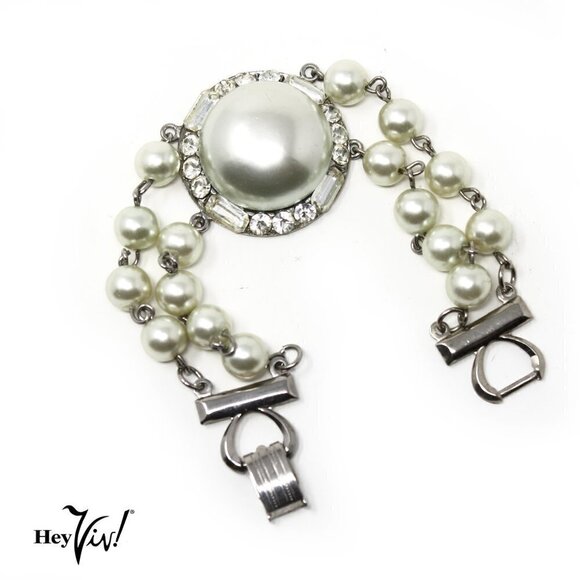 Vintage 2 Strand Pearl & Rhinestone Bracelet - Elegant Statement Style - Picture 3 of 5